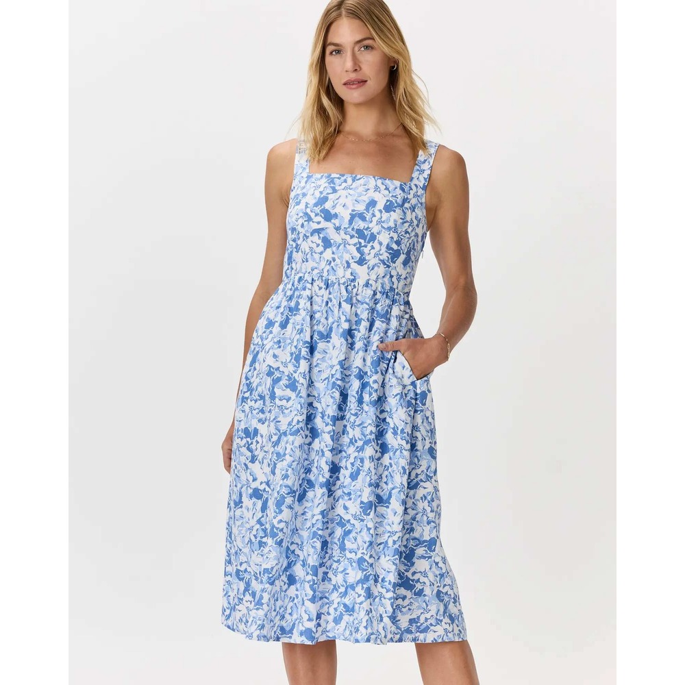 Quince European Linen Fit & Flare Floral Waterfall Midi Dress Blue White XS NWT